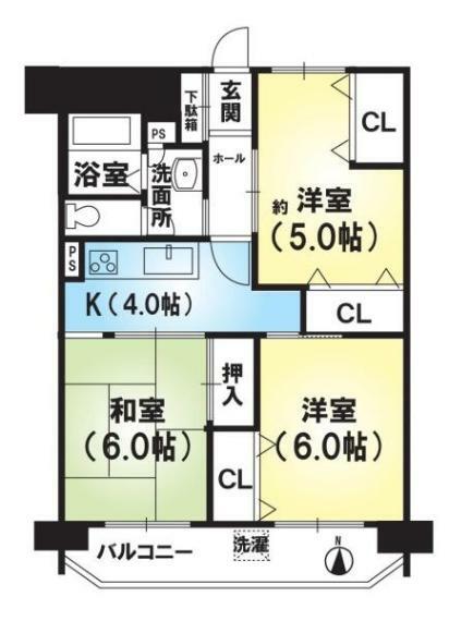 山科団地B棟(3K) 4階の間取り