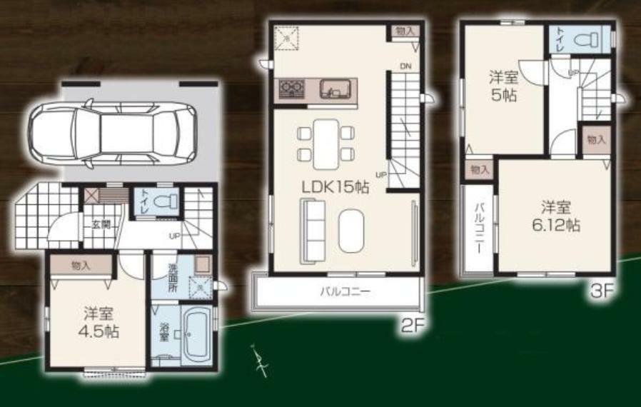 間取り図 南西角地につき陽当たり・通風良好な3LDK。外からの視線が気にならない2階LDKは15帖。暮らしやすさを追求した、充実の設備が多数搭載。