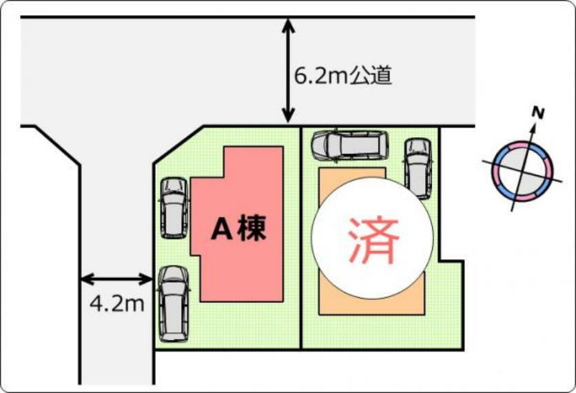 区画図 （区画図）駐車スペース2台分（普通車＋軽自動車）！A棟は角地で開放感のある立地。