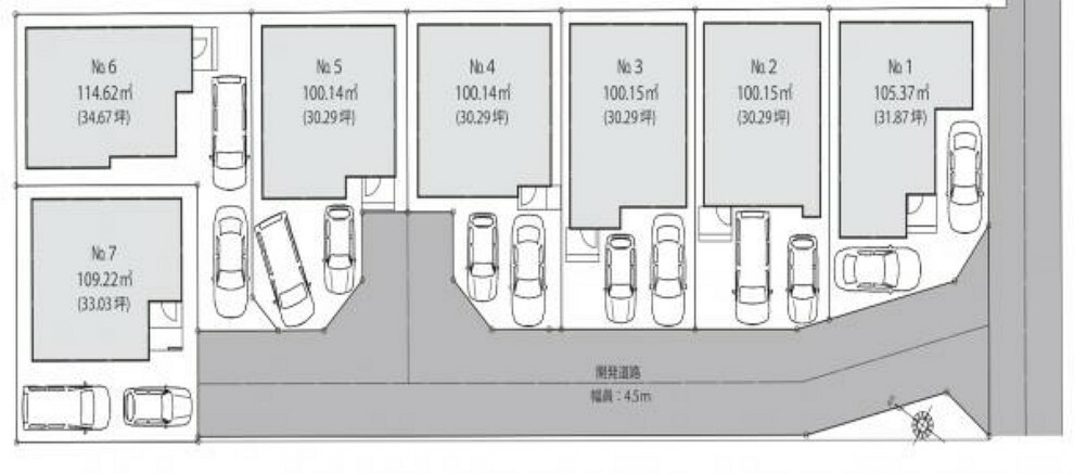 区画図 前面道路は4.5m。近隣住民しか使用しない為、お車の出し入れや、お子様にも安心の立地です。