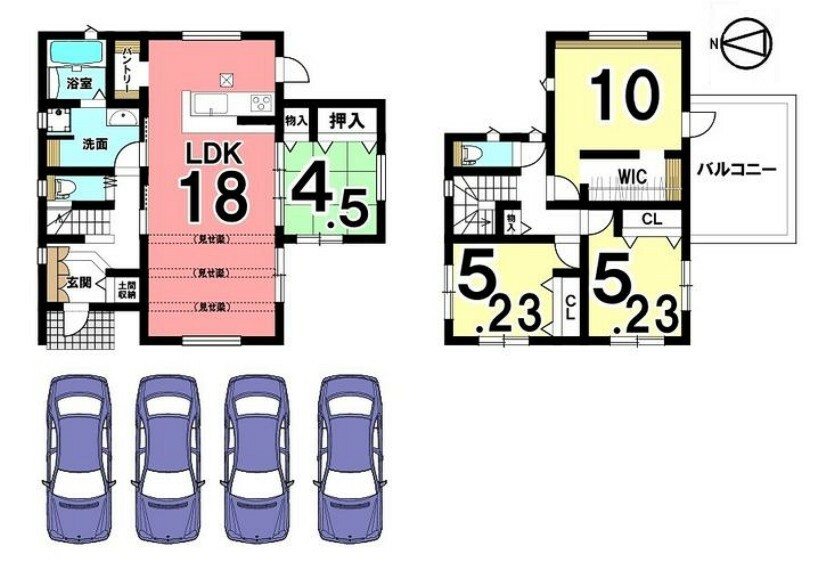 間取り図 1階は和室を合わせて22.5帖の大きな空間としてご利用頂けます。キッチンには便利なパントリーをもうけました。並列で4台駐車可能です。