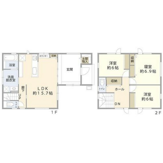 間取り図 1F:LDK約15.7帖/洗面/浴室/トイレ2F:洋室約6.9帖/洋室約6帖/洋室約6帖/トイレ