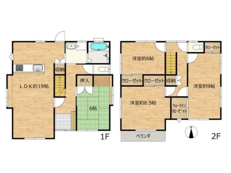 【リフォーム済】間取り図　1階にLDKと和室、2階に洋室3部屋の4LDKです。ご家族で生活しやすい間取です。