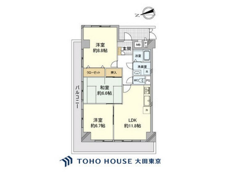 間取り図 3LDK、専有面積74.47m2、バルコニー面積19.48m2