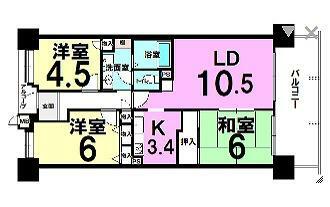 間取り図 3LDK、価格1480万円、専有面積66.27m2、バルコニー面積12m2