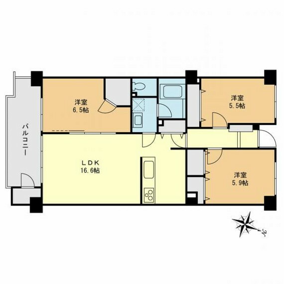 間取り図 3LDK、ウォークインクローゼット、バルコニー付き。