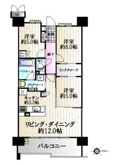 間取り図 3LDKのお住まいで子育て世帯におすすめ。リンククロークやリネン庫等ですっきり片付くお住まい。家族と会話の弾むカウンターキッチン。