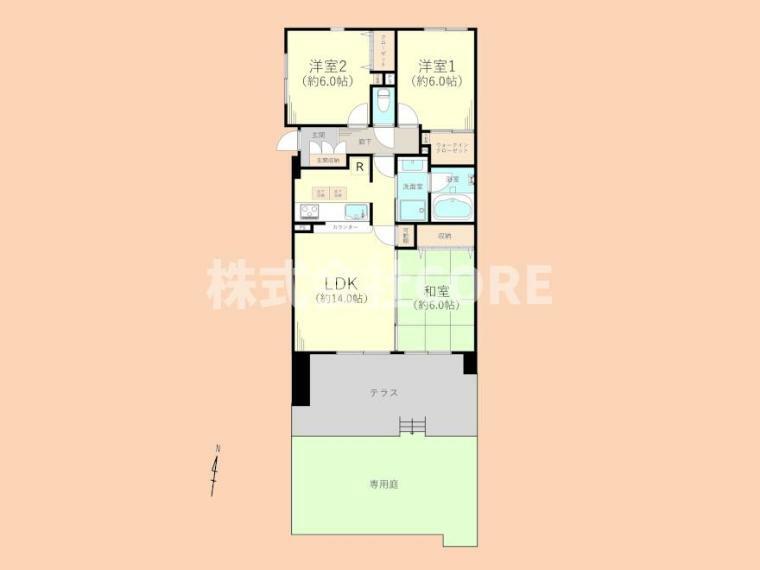 間取り図 全居室6帖以上で広々暮らせる3LDK！合計50平米の広々としたテラス・専用庭がございます！