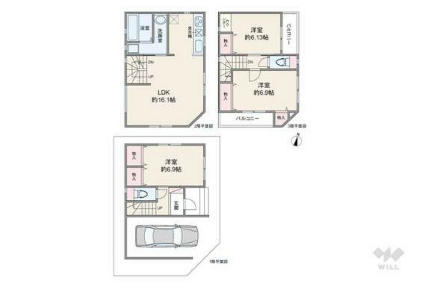 間取り図 2024年6月完成予定。床面積86.52平米の3LDK。2階リビングのプラン。3階の居室へはリビング階段を通る為、家族が顔を合わせる機会が増えます。