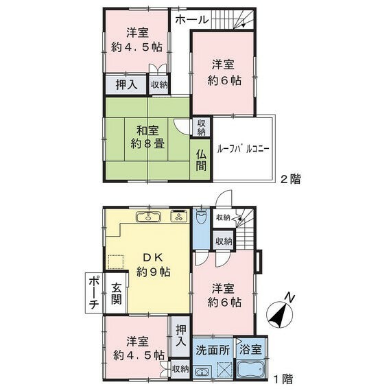 間取り図 建物面積90.77平米の5DK、2階建てのお住まいです。