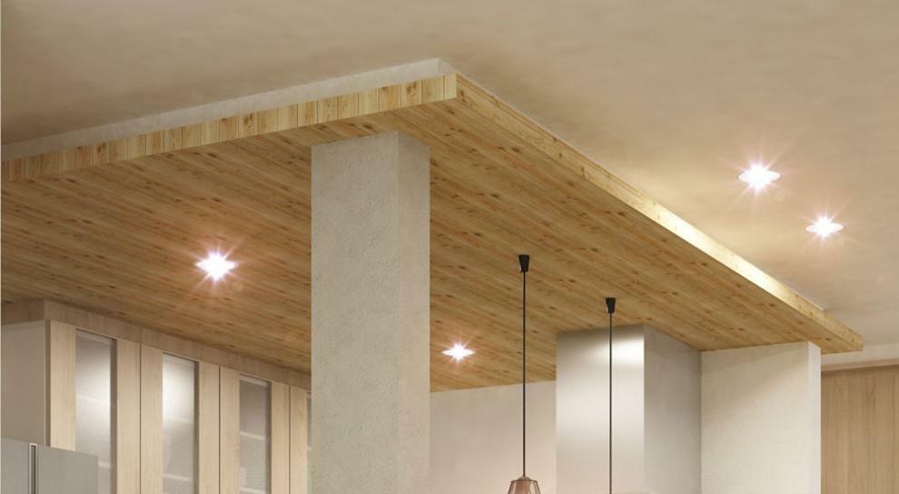【折下天井】キッチンにはナチュラルカラーの木調折下天井を採用。高低差のある天井により、ゾーン毎の空間の表情を豊かに表現しました。（16号地内観完成予想図 ※販売号地は別になります）