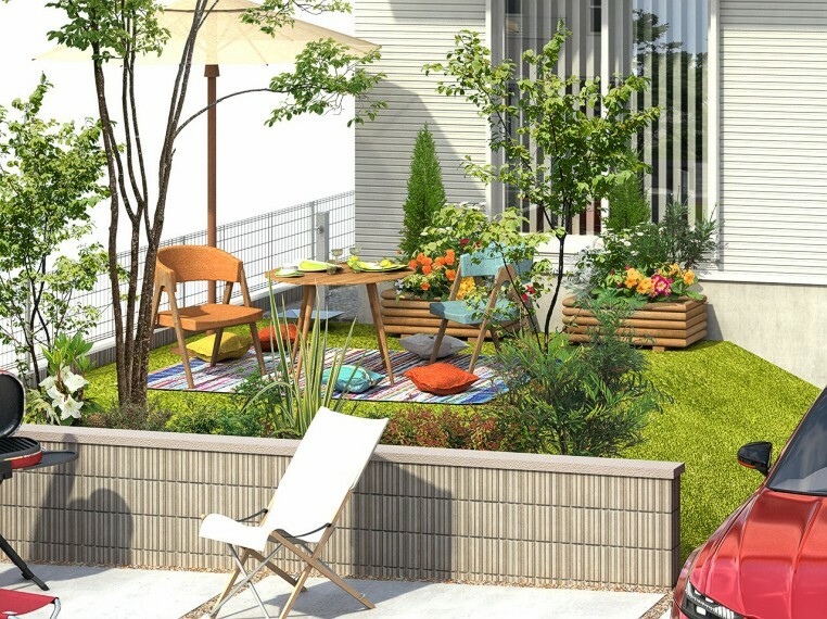 完成予想図(外観) 【ガーデンスペース】160m2を超える敷地面積を生かしたガーデンスペース。優雅な時間を楽しむアウトドアリビングとして使用したり、カフェテラスや家庭菜園にも。暮らしの楽しみが広がります（1号棟完成予想図）