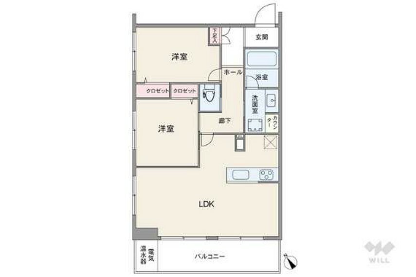 間取り図 間取りは専有面積51.25平米の2LDK。横長リビングのプラン。バルコニー面積は4平米（概算）です。