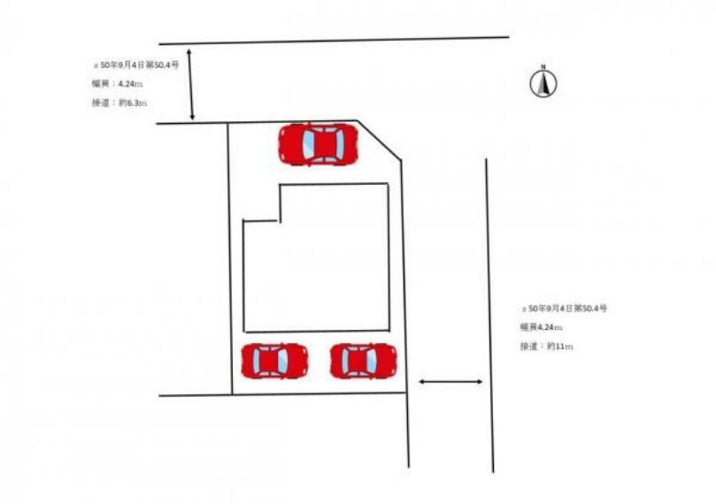 区画図 【区画図】現地の区画図です。北側に普通車1台、南側に軽自動車2台駐車可能です。