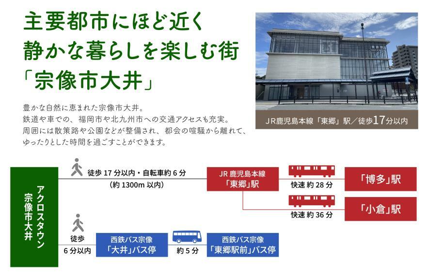 【交通利便案内図】バス停まで徒歩6分！東郷駅から博多駅・小倉駅までは乗り換えなしで行くことが可能です。