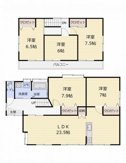 間取り図 （間取）家族みんなが個室を持てるゆったり5LDKの間取り。23.5帖の広いLDKで家族みんなでゆったり寛げます。