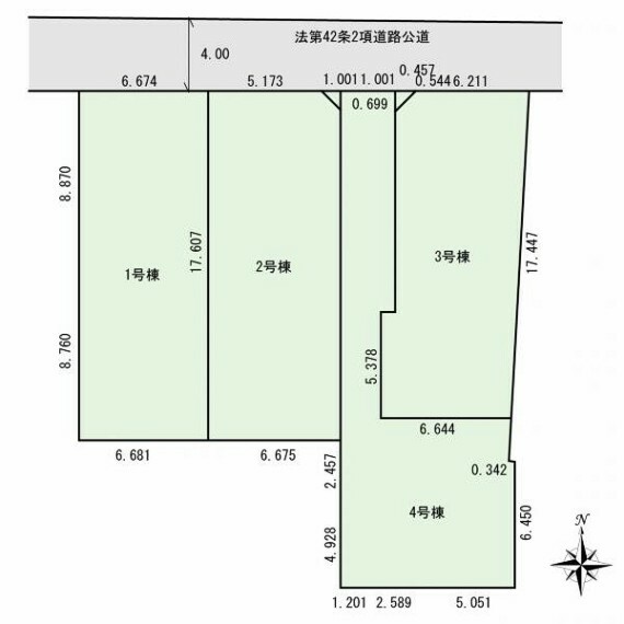 区画図 新築戸建て全4棟。各棟カースペース2台分確保しています。