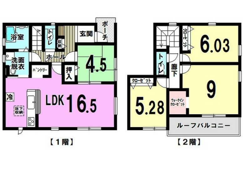 間取り図 4LDK【LDK16.5帖/パントリー/和室4.5帖/押入/1階ホール収納/洋室9帖/WIC/洋室6.03帖/クローゼット/洋室5.28帖/クローゼット/ルーフバルコニー】