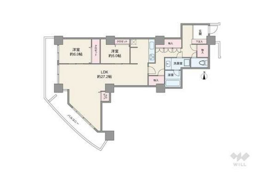 間取り図 間取りは専有面積98.69平米の2LDK。LDK約27.2帖のプラン。バルコニー面積は21.46平米です。