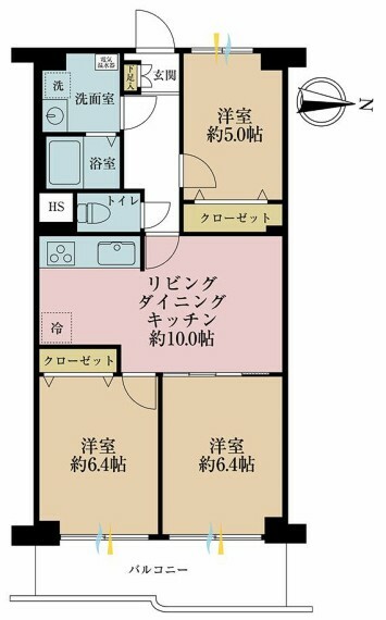 間取り図 3LDK、専有面積61.60平米、バルコニー面積7.60平米