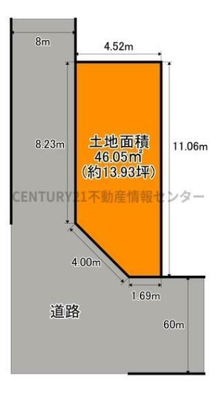 土地図面 〇土地面積:46.05平米（13.93坪） ●前面道路幅員:南西側約8.0m