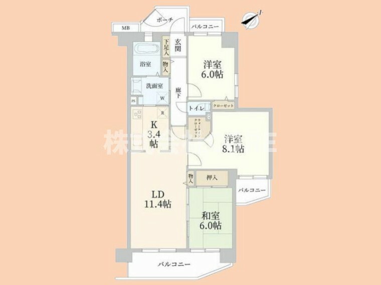 間取り図 新規リフォーム済の綺麗なお部屋になります。南西向き両面バルコニーの人気の角部屋です。