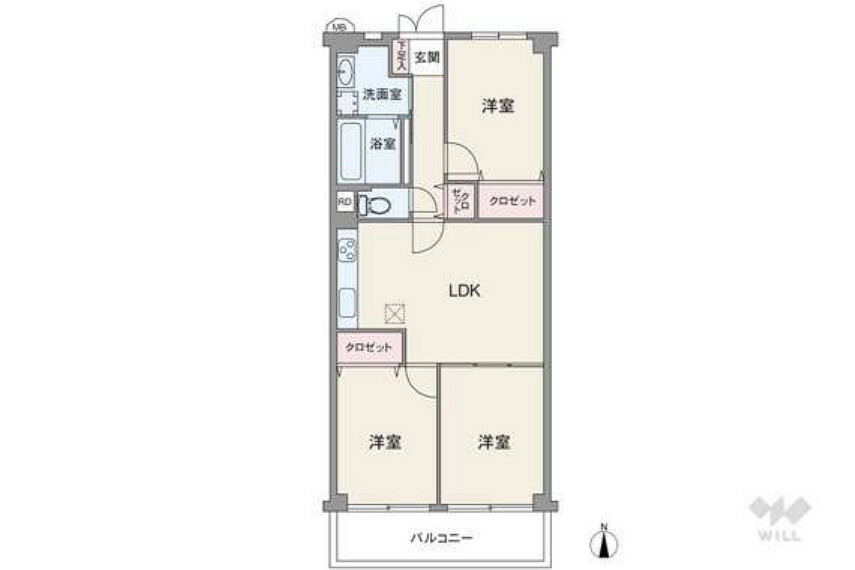 間取り図 間取りは専有面積61.6平米の3LDK。全居室洋室仕様、LDKと洋室が続き間になったプラン。シーンに合わせてフレキシブルに使えます。バルコニー面積は7.84平米です。