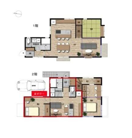 間取り図 建物参考プラン図A:賃貸部分1LDK＋オーナー住戸2LDKプラン　