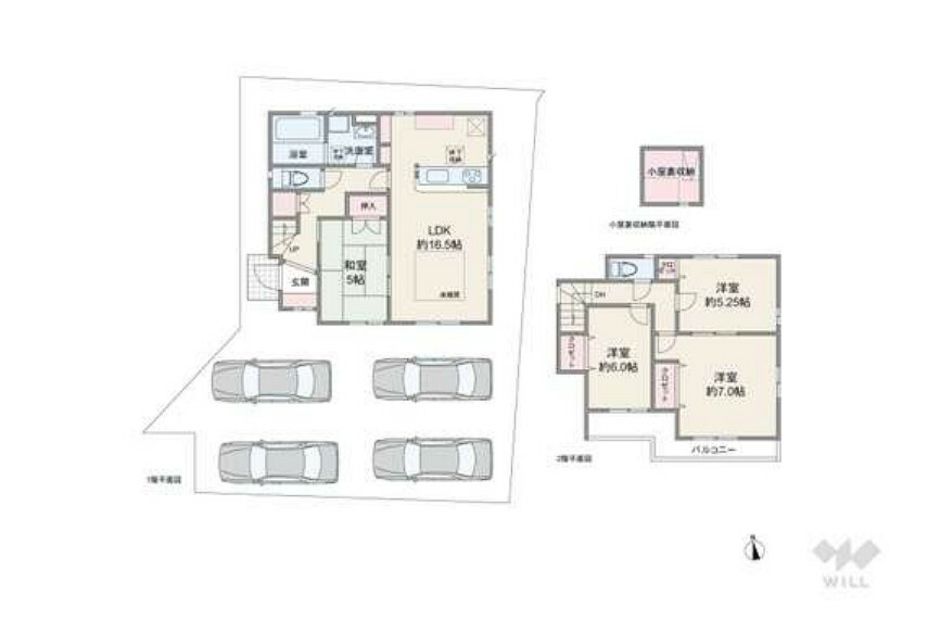 間取り図 間取りは延床面積96.88平米の4LDK。LDKと和室が続き間になったプラン。2階の個室は全部屋洋室仕様で、3部屋中2部屋がバルコニーに面しています。キッチン周辺に収納が充実しているのもポイントです。