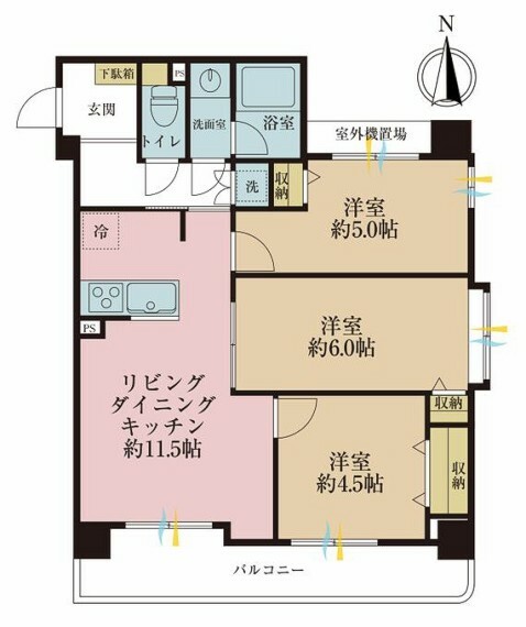 間取り図 3LDK、専有面積60.01平米、バルコニー面積9.68平米