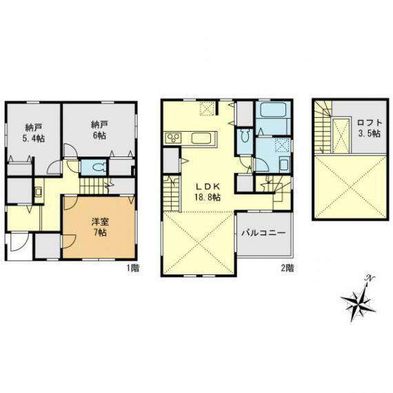間取り図 2階をリビングにした1LDK＋納戸×2の間取り。家族の空間を大切にできる開放空間です。