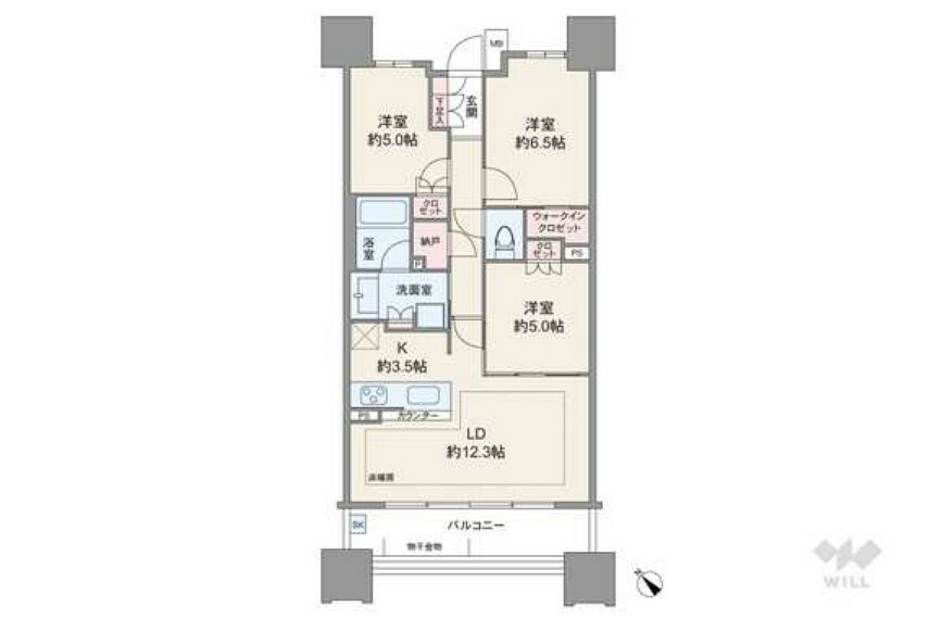 間取り図 間取りは専有面積72.09平米の3LDK＋N。採光面を広く取った横長リビングのプラン。LDKに隣接する洋室約5帖は、リビングの延長としても使用できます。納戸やウォークインクロゼットなど収納充実。