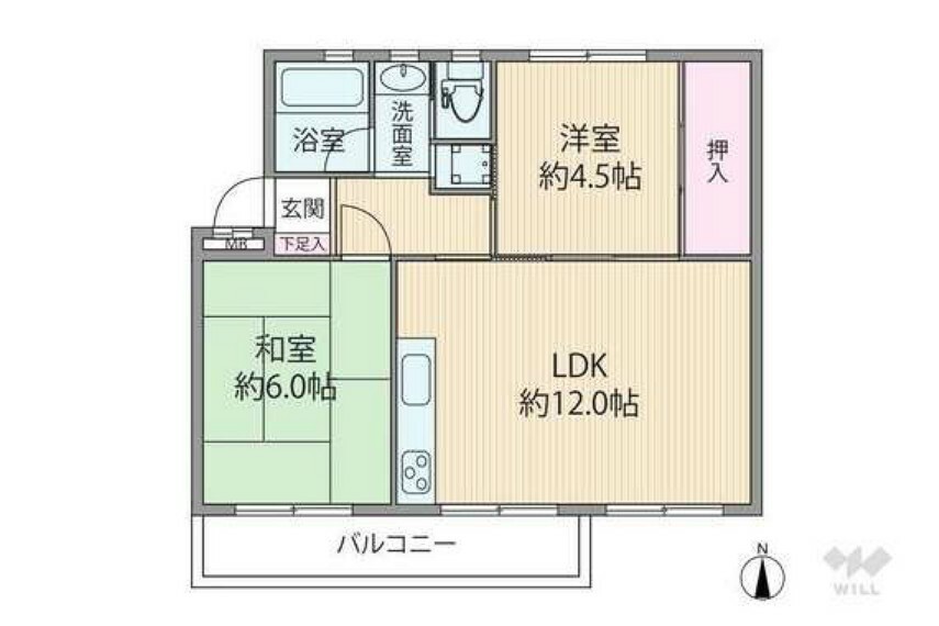 間取り図 間取りは専有面積54.02平米の2LDK。南面3か所に窓があるワイドスパンのプラン。洋室はLDK側からも出入りできる2WAY仕様です。