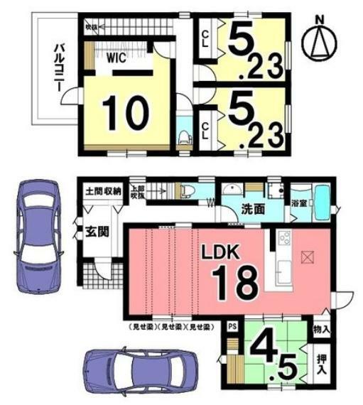 間取り図 1階は和室と合わせて22.5帖の大きなお部屋としてご利用頂けます。収納スペースも豊富に確保いたしました。