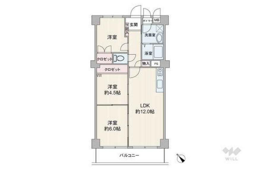 間取り図 間取りは専有面積66.08平米の3LDK。LDK約12帖のプラン。バルコニー面積は7.84平米です。