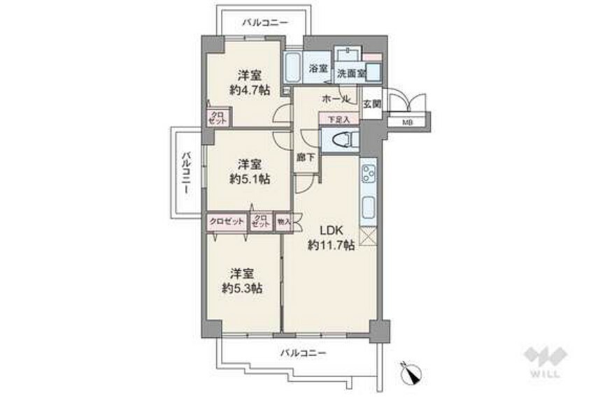 間取り図 間取りは専有面積61.07平米の3LDK。LDKを含む全居室がバルコニーに面した、開放的な3面バルコニープラン。個室は全部屋洋室仕様で、LDKと続き間の洋室はリビングの延長として使うこともできます。