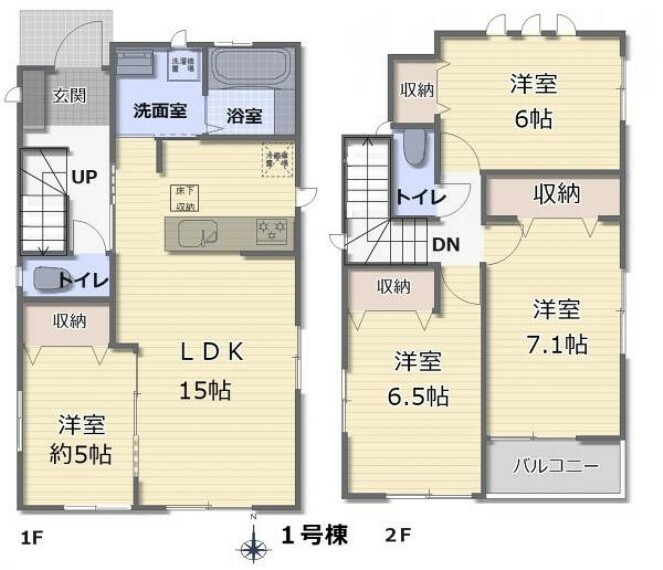 間取り図 （1号棟）2階全居室6帖以上のゆとりのある広さ。