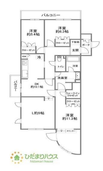 間取り図 2面バルコニーなので複数の部屋から光を採りこめ、部屋中がいつでも明るく、快適に暮らすことが出来ます