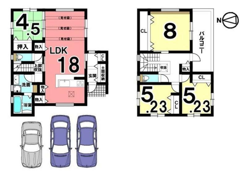間取り図 全室に収納スペースを確保。18帖のリビングはご家族の憩いの場にぴったりですね。並列で3台駐車可能です。