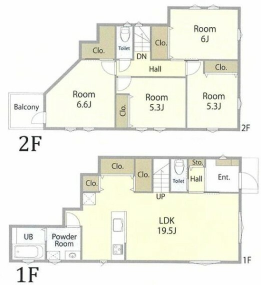 間取り図 家族団らんのLDKはゆとりの19.5帖。コミュニケーションの取りやすいリビングイン階段採用。全居室に収納がありお部屋を広く使えます。