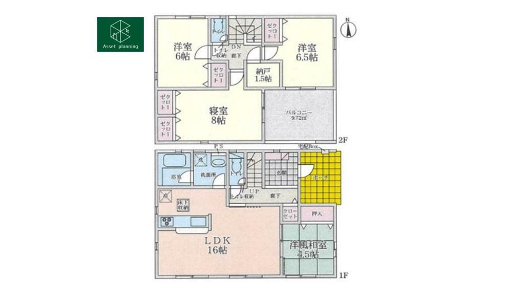 間取り図 1号棟の間取図です。 クローゼットにしまいにくい大きな物も余裕で収納出来る1.5帖の納戸を2階の各居室の中央に配置した収納が充実した4LDKの住宅です。