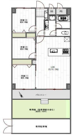 間取り図 1階部分、専用庭・駐車場付きの62.37m2南西向き3LDK 充実設備のリフォーム物件です。