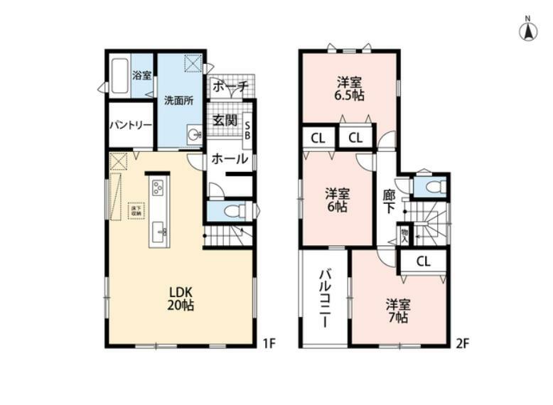 間取り図 LDKはゆったり20帖を確保。加えてリビングイン階段を採用しており、家族とのコミュニケーションが取りやすい間取り。2階の居室も全て6帖以上で、広々としています＾＾