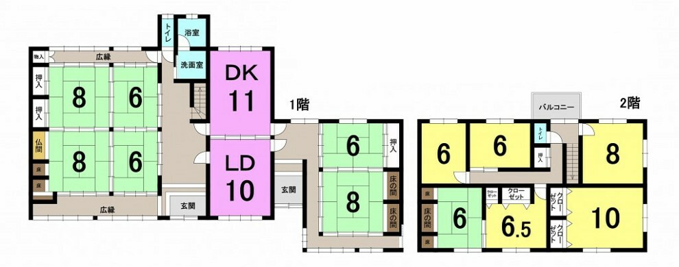 間取り図 ■11LDK ■建物面積延:325.81平米（98.55坪）、1階:214.11平米、2階:111.70平米