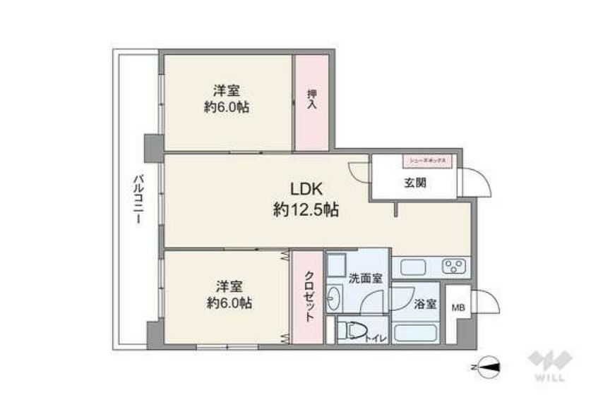 間取りは専有面積62.28平米の2LDK。キッチンが独立した生活感が出にくいプラン。LDKを含む3部屋がバルコニーに面しています。LDKを通って個室にアクセスする造りです。