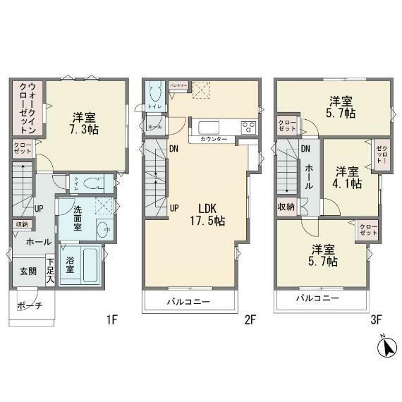 間取り図 広々LDK17.5帖　大型4LDK　ウォークインクロゼット　カウンターキッチン　パントリー　テレワークにも使えそうなスタディーカウンター　カースペース並列2台　南道路に面す整形地