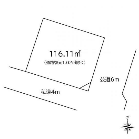 区画図 東側約6mの公道、南側約4mの私道に面した角地。