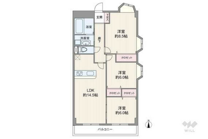 間取り図 間取りは専有面積76.21平米の3LDK。LDK約14.5帖の縦長リビングのプラン。バルコニー面積は9.03平米です。