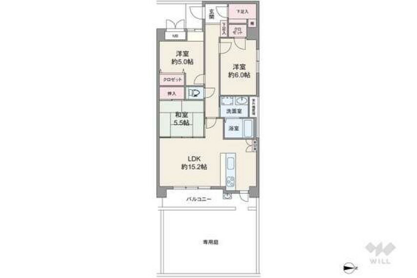 間取り図 LDK15.2帖と和室が続き間で、生活シーンに合わせてフレキシブルに利用可能。玄関には大型のシューズクロゼット付き。玄関がクランクインのため、玄関先から室内を見通しにくいのも特徴です。