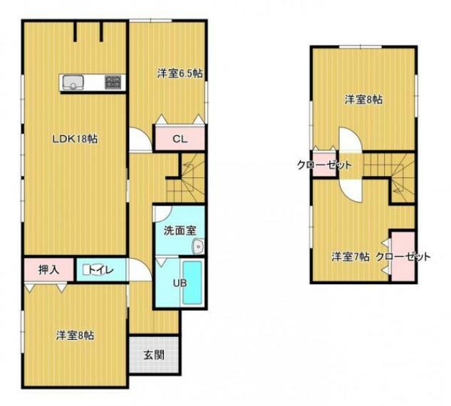 間取り図 リフォーム後の間取りです。コンパクトな3LDKの住宅です。続間の和室ををつないで、明るく広々とした約18帖のLDKに間取り変更いたしました。浴室も拡張して1坪サイズのユニットバスを新設いたしました。